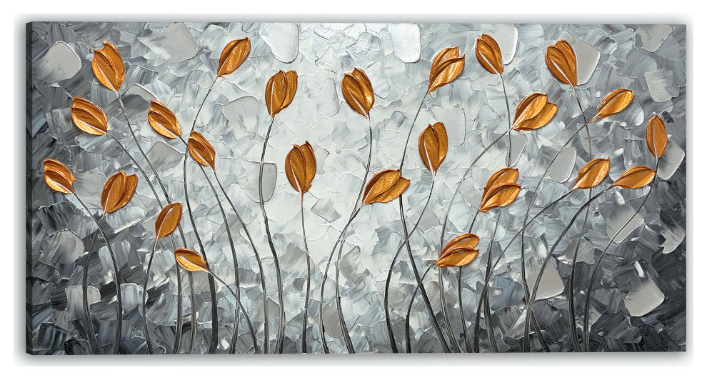 Golden Leaves on Textured Grey Hand-Painted Canvas Art