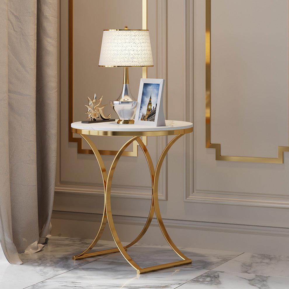 Modern Luxurious Round White Marble Stone Side Table X-Base End Table, White