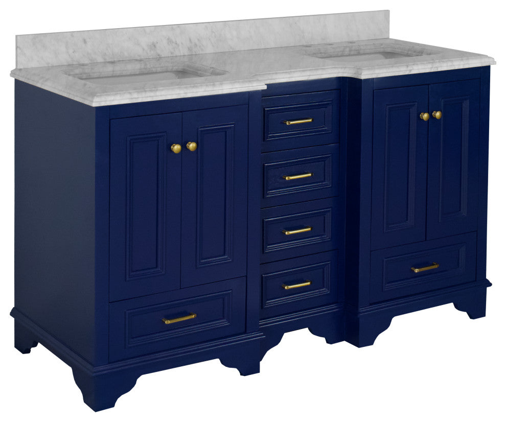 Nantucket 60" Bath Vanity, Royal Blue, Carrara Marble, Double Vanity