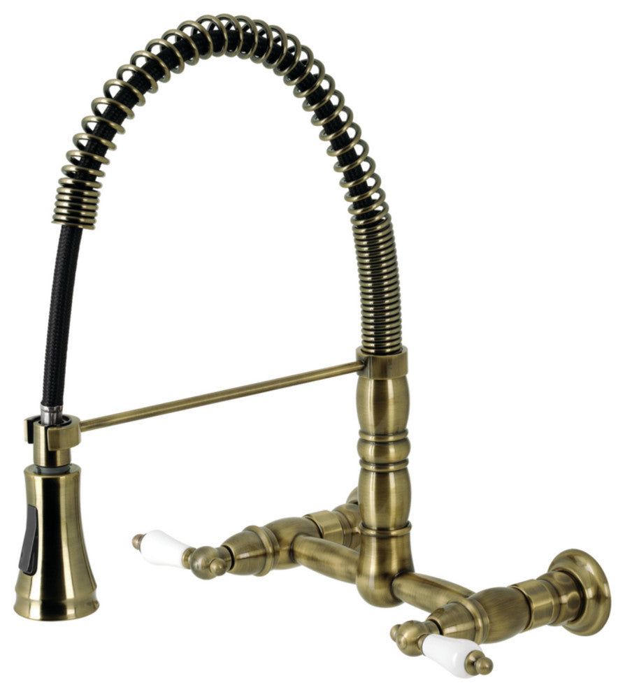 GS1243PL Two-Handle Wall-Mount Pull-Down Sprayer Kitchen Faucet, Antique Brass