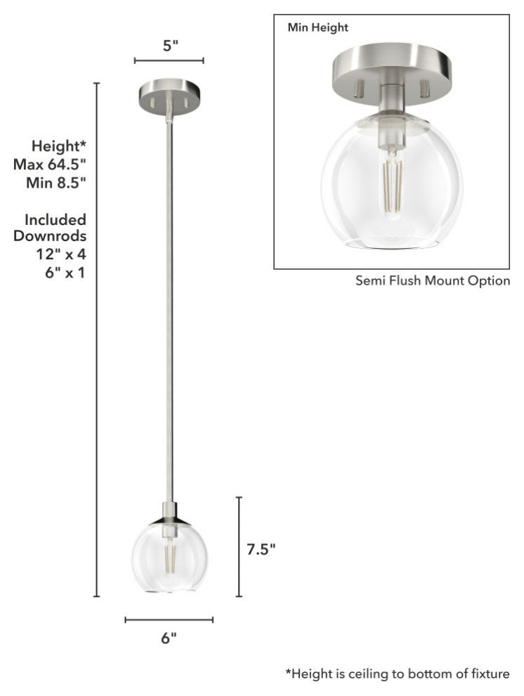Xidane Brushed Nickel, Clear Glass 1-Light Mini Pendant