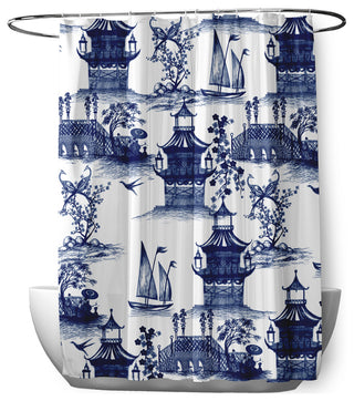 70"Wx73"L China Old Shower Curtain, Porcelain Blue