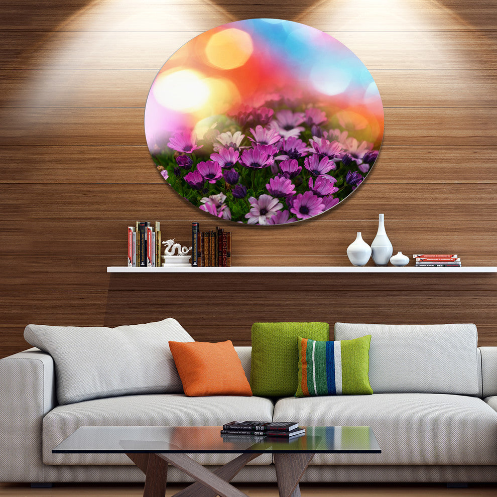 Purple Flowers On Colorful Background, Flower Round Wall Art, 11"