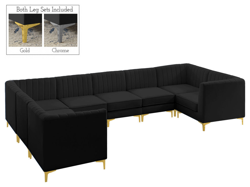 Alina Black Velvet 8-Piece Modular Sectional, Black, U-Shaped