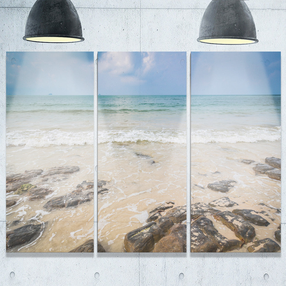 "Rocks on Typical Tropical Beach" Beach Metal Wall Art, 3 Panels, 36"x28"
