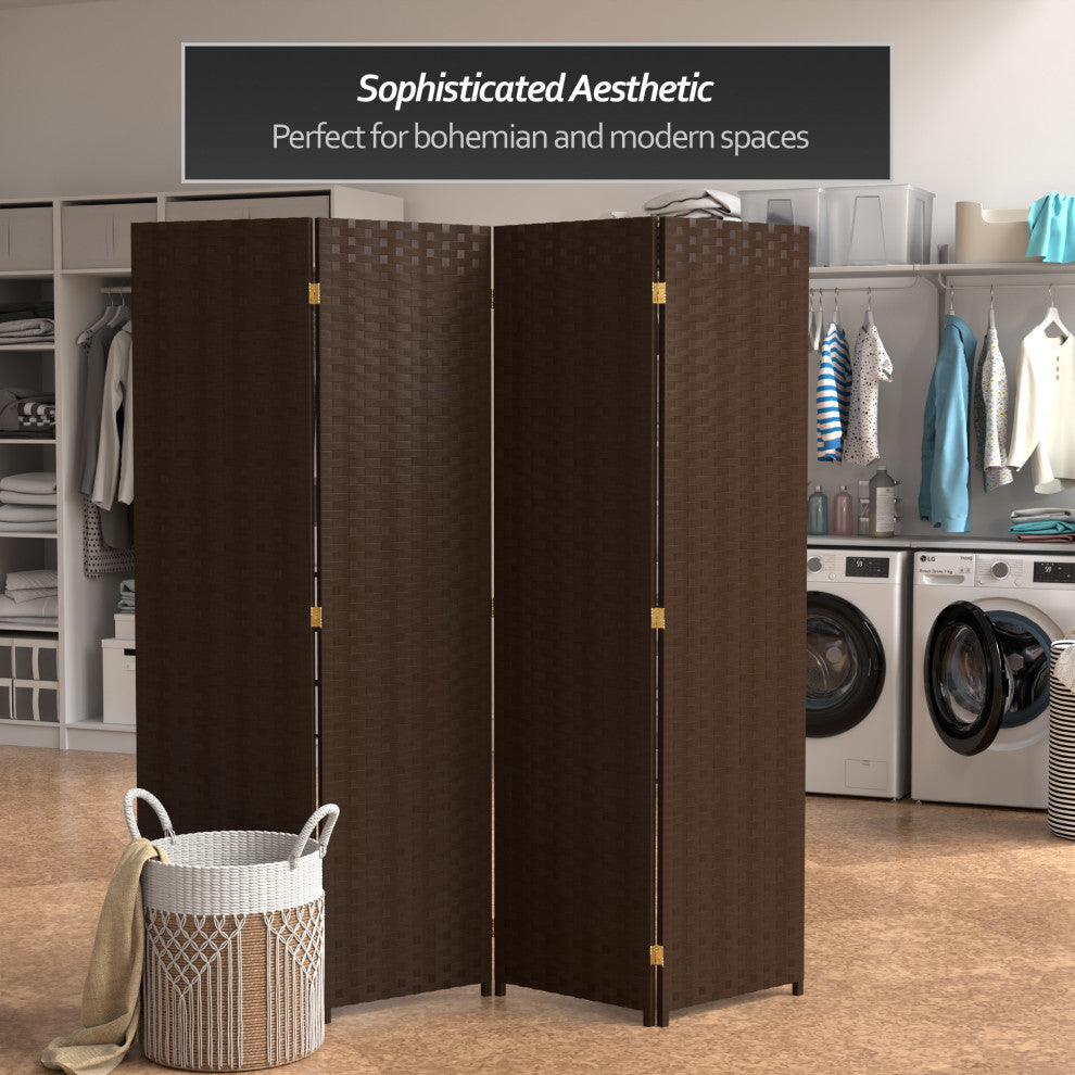 6' Tall Woven Fiber Room Divider, 4 Panel, Dark Mocha