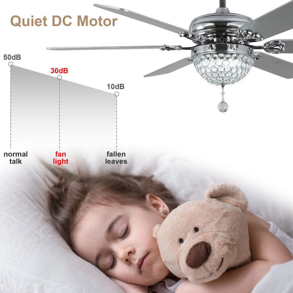 65" Modern Crystal Ceiling Fan with Dimmable LED Light and Remote, Silver