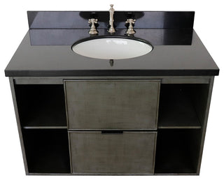 37" Single Wall Mount Vanity, Linen Gray Finish With Black Galaxy Top