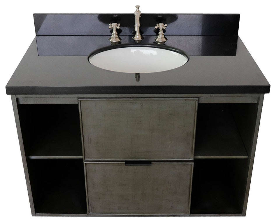 37" Single Wall Mount Vanity, Linen Gray Finish With Black Galaxy Top