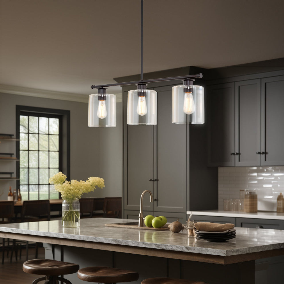 Kira Home Sloane 31" Farmhouse Island Light, Glass Cylinder Shades, Adjustable