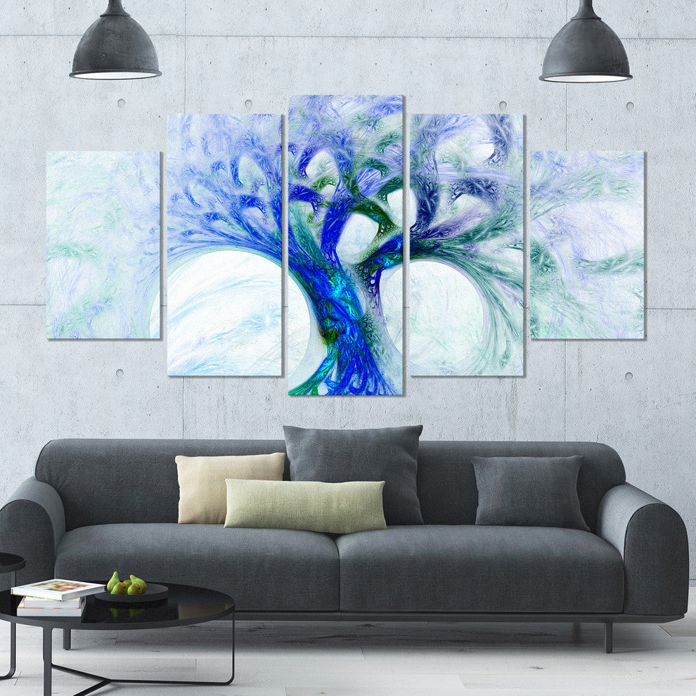 Blue Mystic Psychedelic Tree, Contemporary Wall Art Canvas, 60"x32", 5 Panels