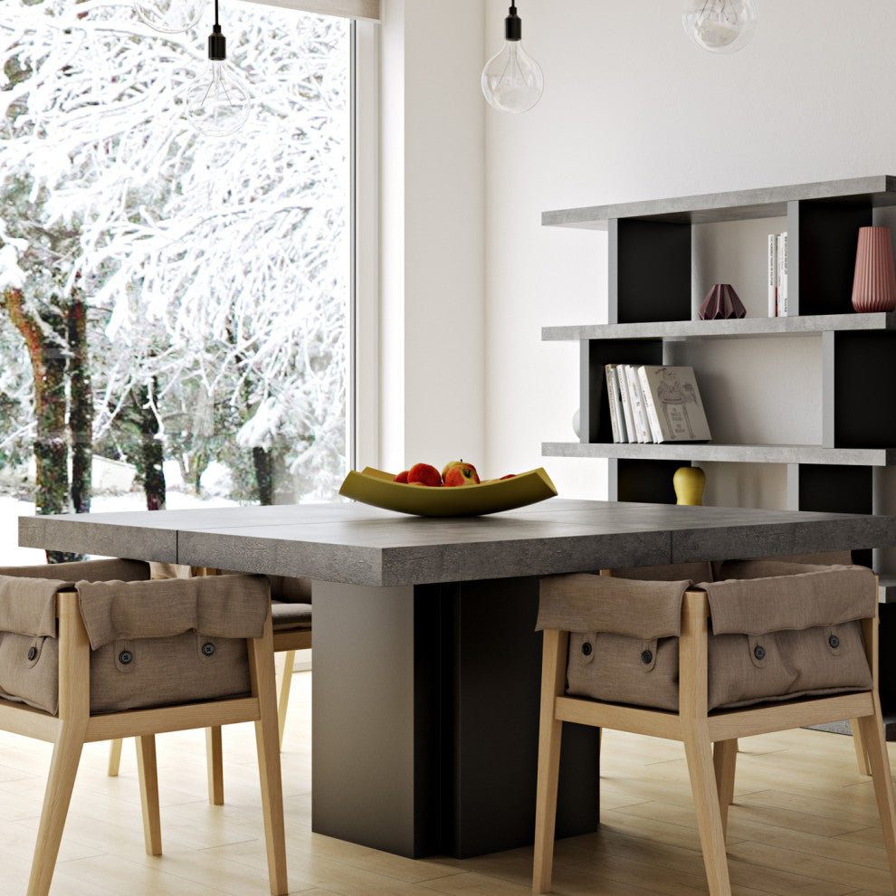 Contemporary Large Square Wood Dining Table, Faux Concrete