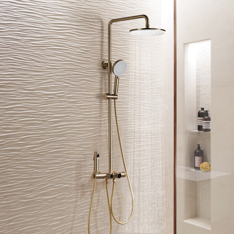Exposed 4-Function Thermostatic Shower System with Spray Gun and Tub Spout, Brushed Gold