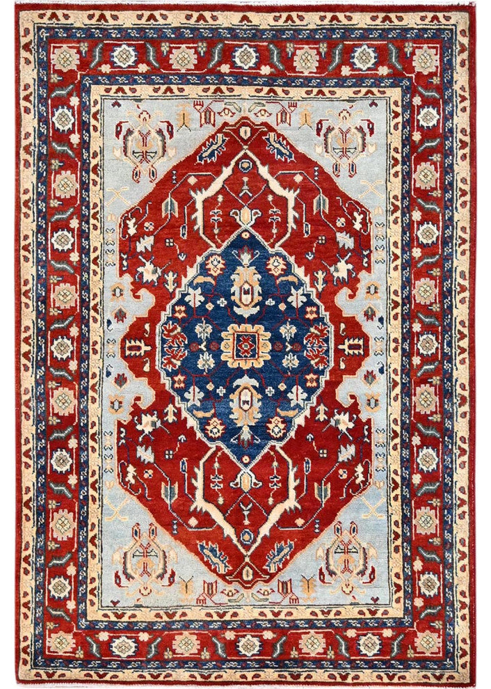 Blue, Serapi Heriz Design, Soft Wool, Hand Knotted, Oriental Rug, 4'x6'