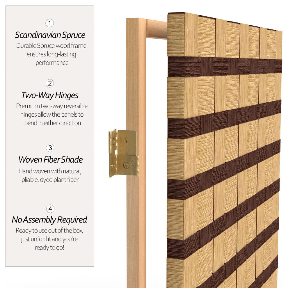 6' Tall Two Tone Natural Fiber Room Divider, 4 Panel