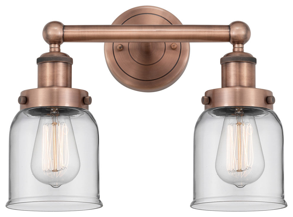Edison Small Bell 2-Light 16" Vanity Light, Antique Copper Finish, Clear Shade