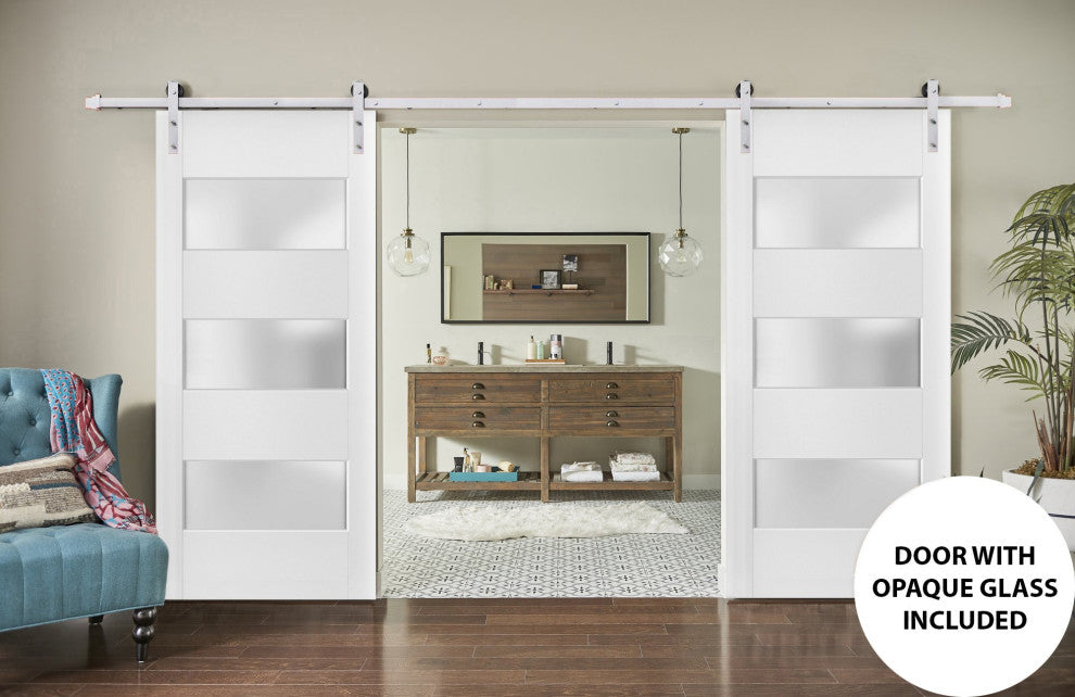 Double Barn Door 64 x 96 Frosted Glass, Lucia 4070 White Silk, Silver 13FT Rod