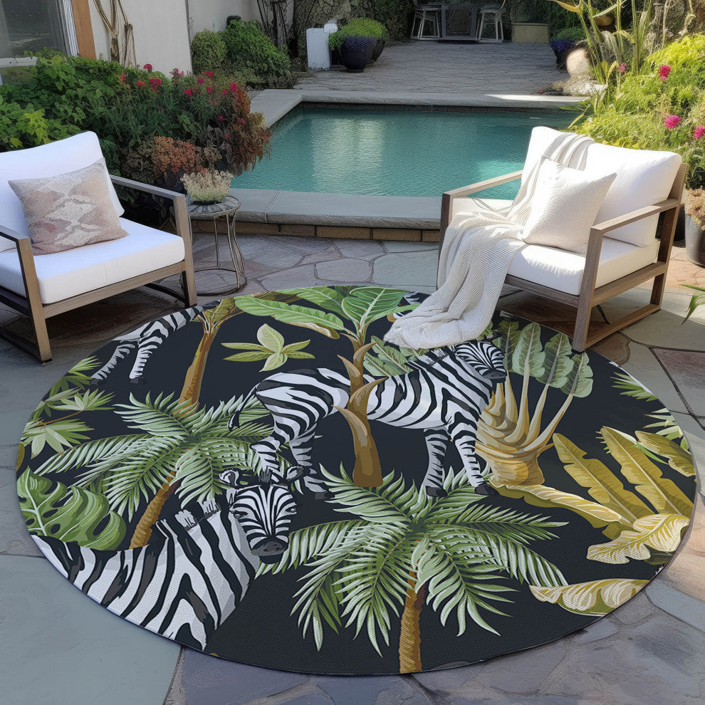 Indoor/Outdoor Tropics TC13 Black Machine Washable 8' x 8' Round Rug