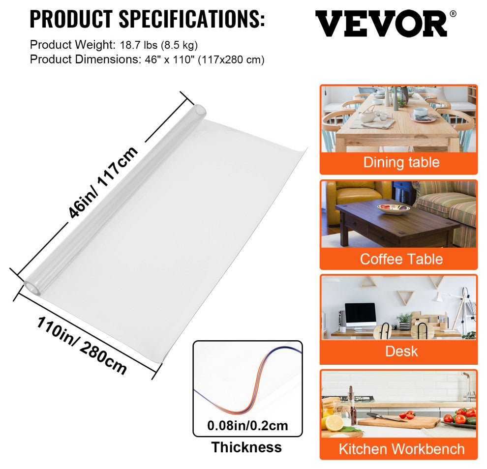 VEVOR 110"X46" Plastic Table Pad Thick Crystal Clear Table Cover PVC Tablecloth