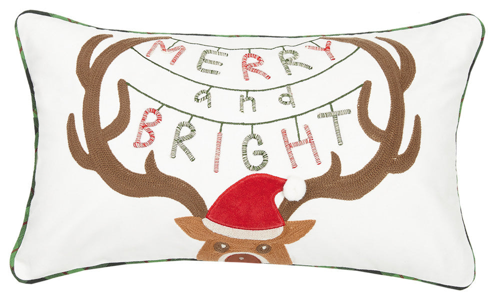 Merry And Bright Deer Crewel Embroidered Pillow