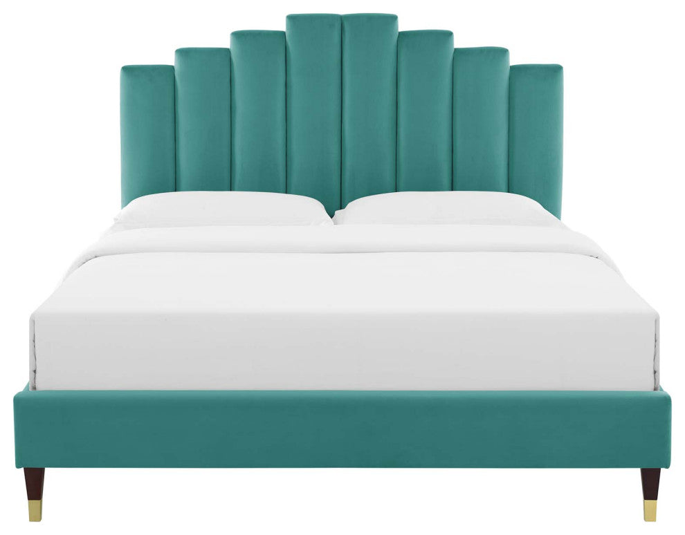 Platform Bed Frame, Full Size, Velvet, Teal Blue, Modern Contemporary, Bedroom