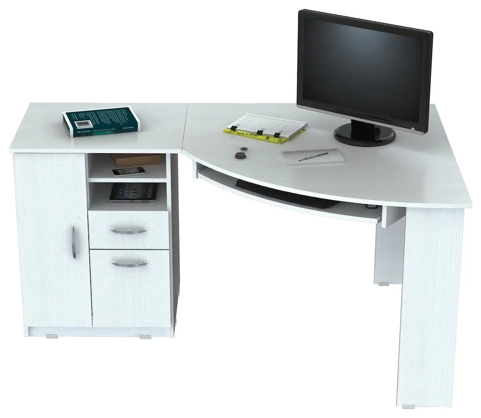 Modern Corner Desk, Pull Out Keyboard Tray & Ample Storage Space, Washed Oak