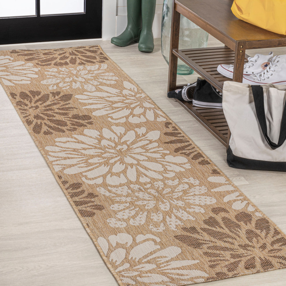 Zinnia Modern Floral Textured Weave Indoor/Outdoor, Brown/Cream, 2x10