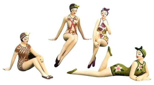 Retro Bathing Beauty Figurine 4-Piece Set, 1920s Swim Suit Bamboo Floral Flowers