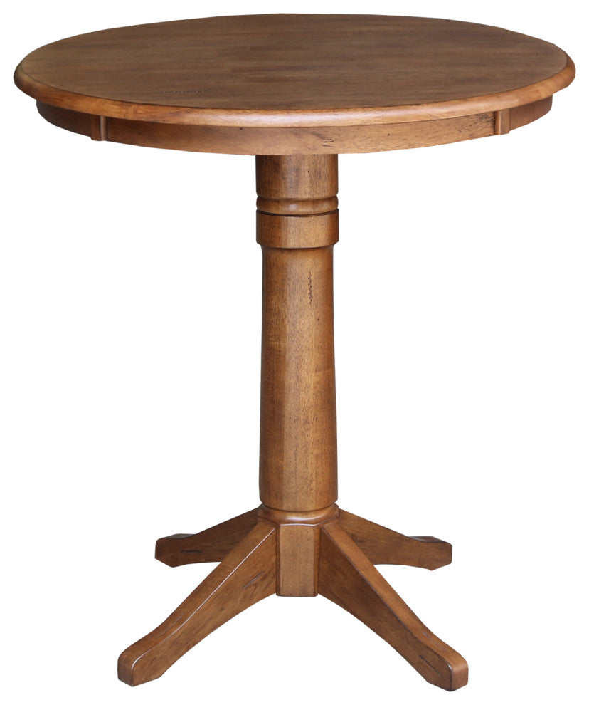 30" Round Pedestal Gathering Height Table with Emily Counter Height Stools, Distressed Oak