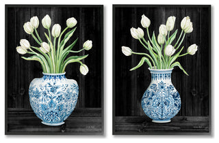 White Tulips Chinese Ceramic Urn Patterned Porcelain, 2pc, each 16 x 20