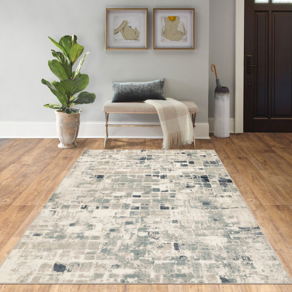 2"x8" Beige Blue Abstract Tiles Distressed Runner Rug