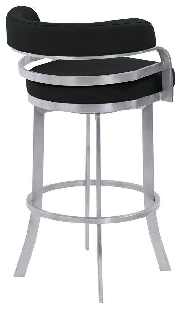 Elegant Bar Stool, Brushed Stainless Steel Frame and Curved Open Back, 26 Inch