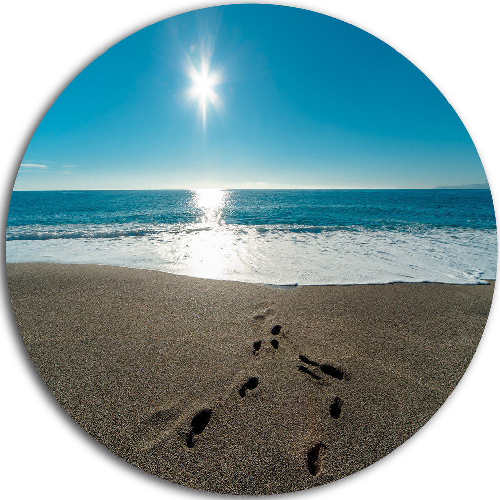 Blue Sea And Footprints In Sand, Seascape Disc Metal Artwork, 11"