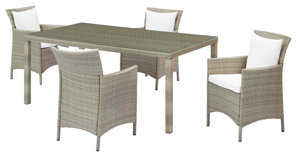 Side Dining Chair and Table Set, Rattan, Wicker, Gray White, Outdoor