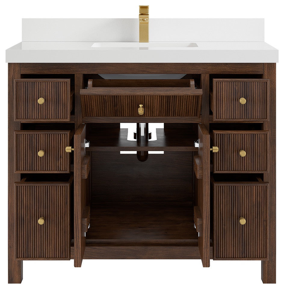 Sonoma Teak 42" Single Sink Vanity, Dark Walnut With 2" White Quartz