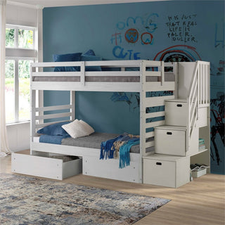 My Bed Now Everest Twin-over-Twin 2-Drawer Wood Bunk Bed w/ Staircase in White