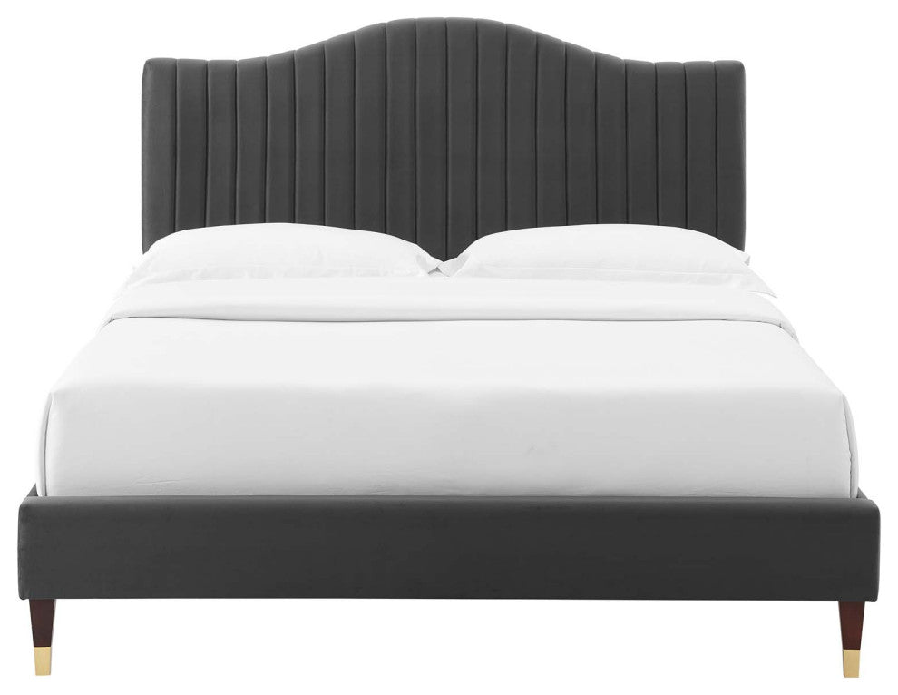 Tufted Platform Bed Frame, King Size, Velvet, Gray, Modern Contemporary