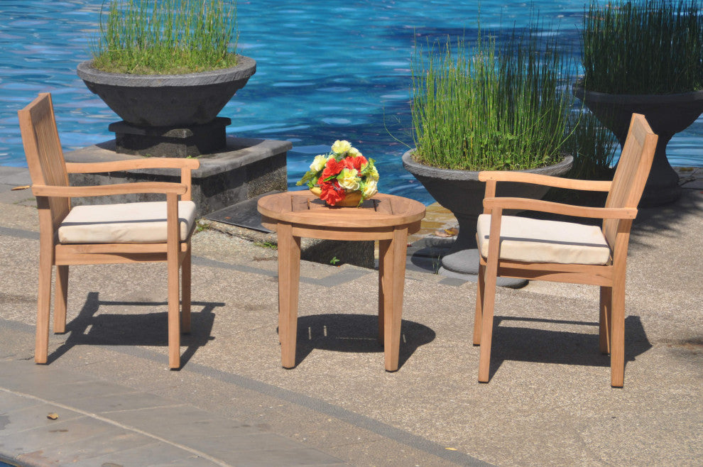 3-Piece Outdoor Patio Teak Dining Set, 23.5" Round Table, 2 Leveb Stacking Chair