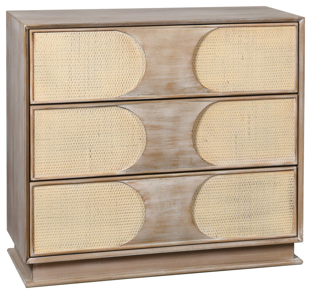 Melrose Chest-Three Woven Cane Drawers-Light Bisque Finish-White Wash Top Coat