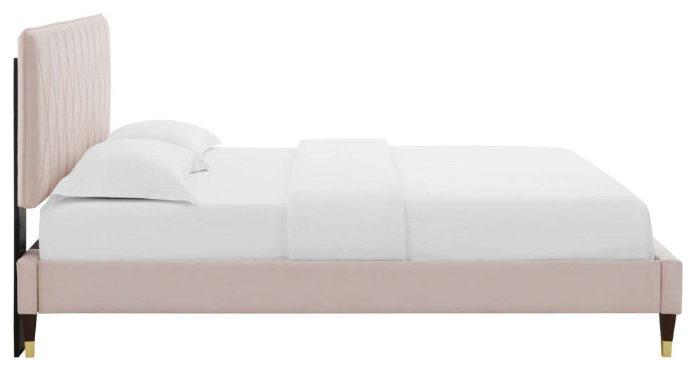 Platform Bed Frame, Queen Size, Velvet, Pink, Modern Contemporary, Bedroom