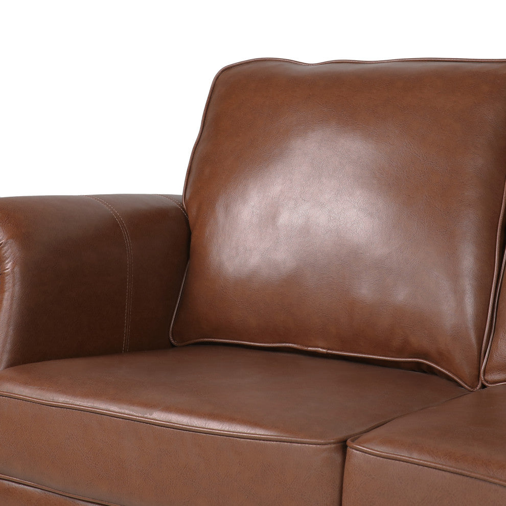 Burkehaven Contemporary Faux Leather 3 Seater Sofa With Nailhead Trim, Cognac Brown/Dark Brown