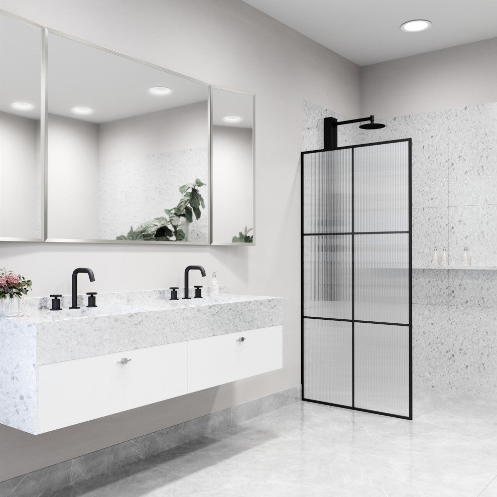 VIGO Ventana 34" W x 74"H Framed Fixed Shower Screen, Matte Black, Fluted Glass