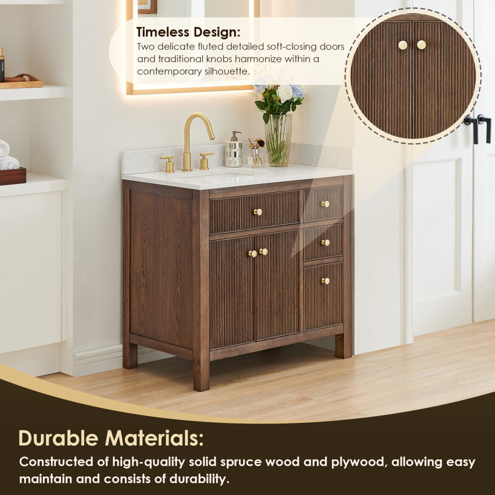 Cerrito Bathroom Vanity, Brown Brushed Oak, 36" Single, Without Mirror