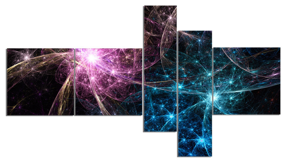 Blue Pink Colorful Fireworks, Abstract Art on Canvas, 60"x32", 5 panels