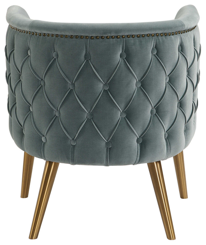 Mid Century Gray Velvet Barrel Tub Chair, Button Diamond Tufted Gold Metal Legs