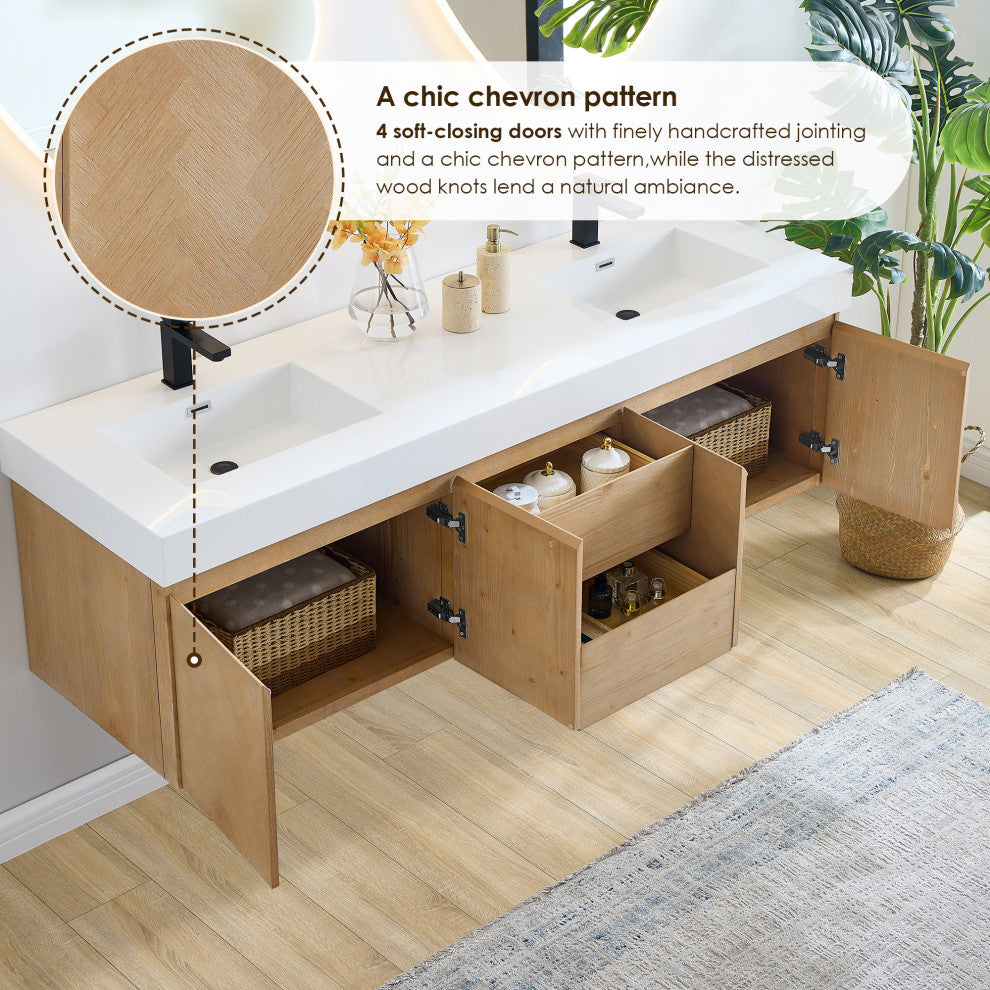Siena Wall-mounted Single Bath Vanity, Light Brown, 72inch, No Mirror