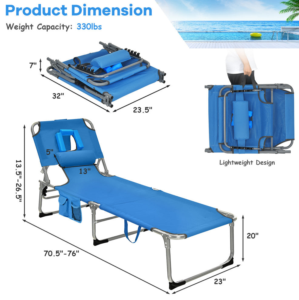 Goplus Outdoor Beach Lounge Chair Folding Chaise Lounge with Pillow Blue