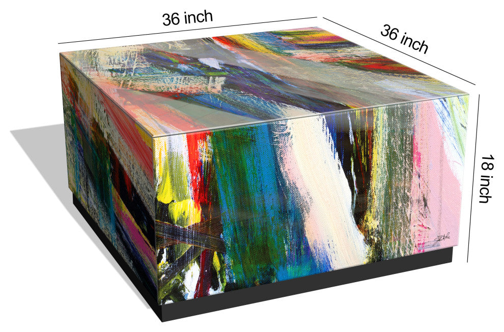 "Graffiti Rock Star"Printed Art Glass Side Table with Black Plinth Base Set of 2