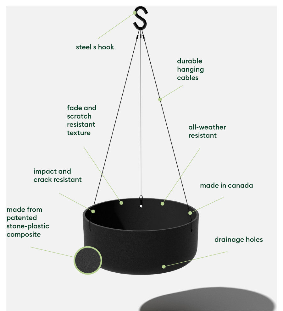 Pure Series Hanging Kona Bowl 14" Planter, Black, 2 Pack