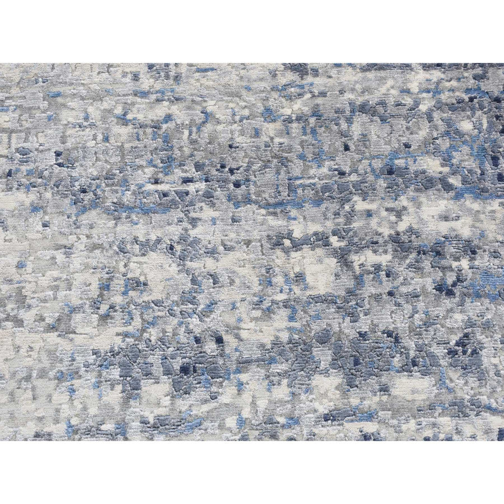 Sky Blue Broken Mosaic Design Wool and Silk Hand Knotted Round Rug 6' x 6'